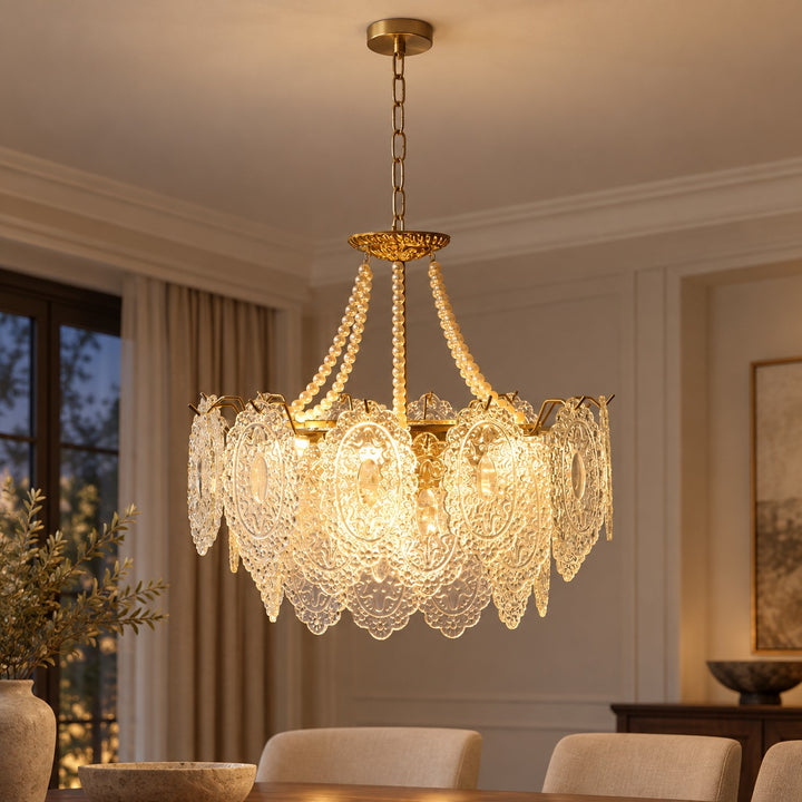 Modern Glass Chandelier Light Pendant Fixture Ceiling Mounted with Pearl Accents for Ambient Illumination