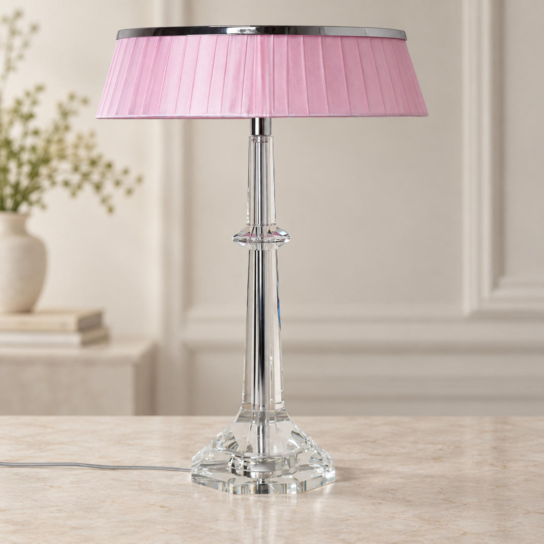 Modern Table Lamp Adjustable Height LED Edge Lighting Chrome Fabric Shade K9 Crystal Base