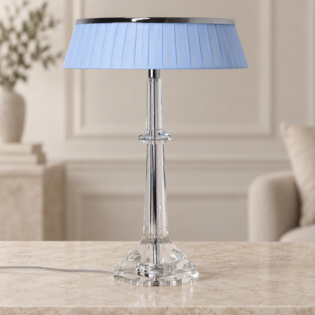Modern Table Lamp Adjustable Height LED Edge Lighting Chrome Fabric Shade K9 Crystal Base