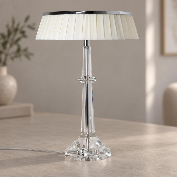 Modern Table Lamp Adjustable Height LED Edge Lighting Chrome Fabric Shade K9 Crystal Base