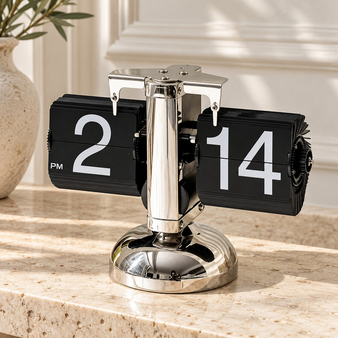 Modern Flip Clock with Stainless Steel and PVC Construction 12-Hour Time Display