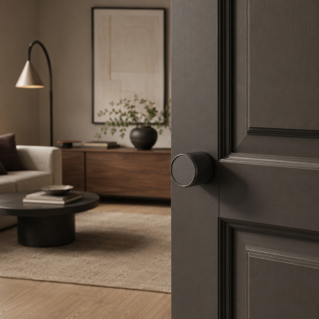 Black Modern Zinc Alloy Door Handle Set with Knurled Design and Indoor Twist Knob for Internal Use
