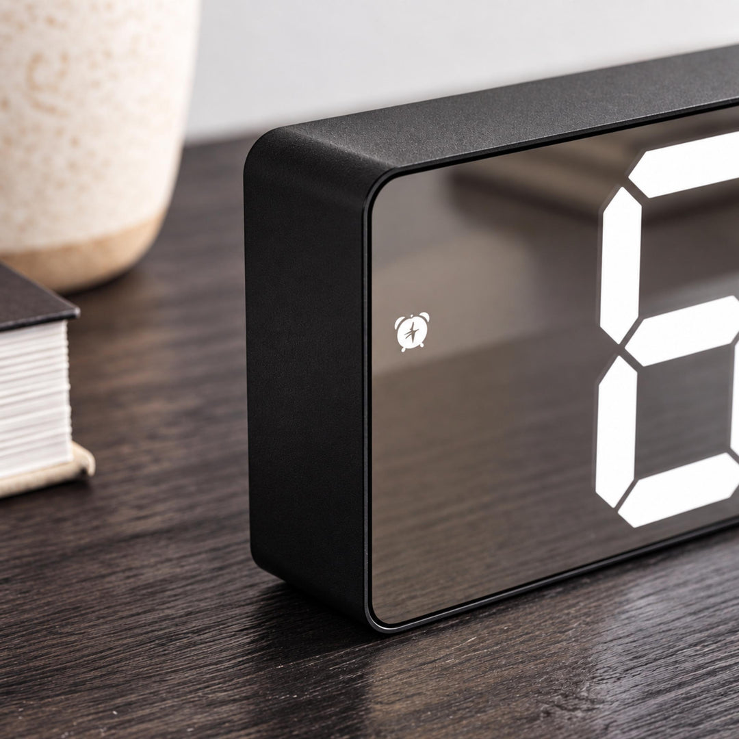 Modern Digital Alarm Clock with Curved Mirror Screen Adjustable LED Display and Temperature Feature
