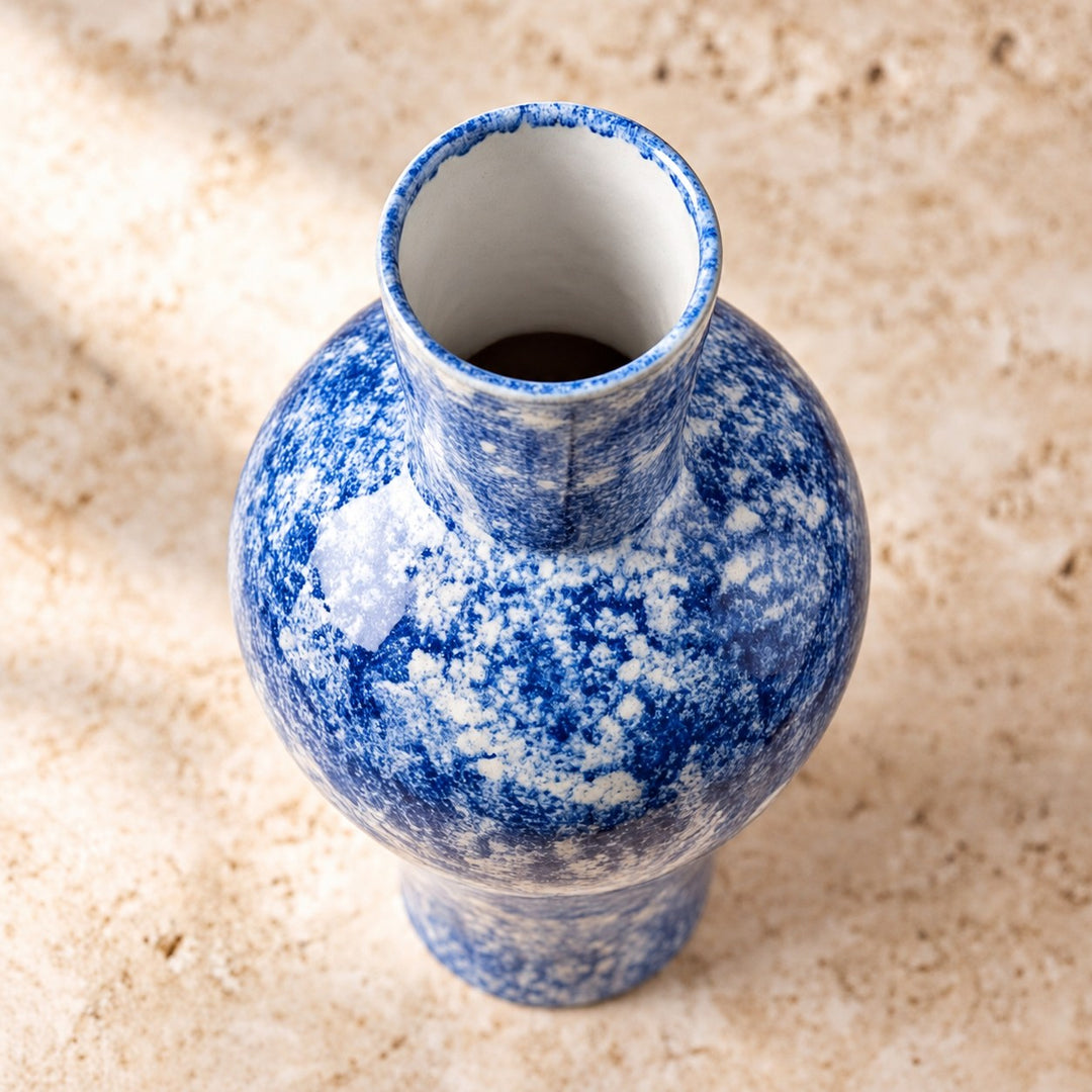 Hand-Painted Porcelain Vase Blue Marbled Decorative Accent 38 cm Unique Artisan Design
