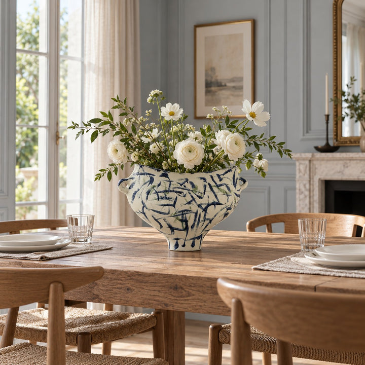 Modern Abstract Ceramic Vase Hand-Painted White with Indigo and Moss-Green for Floral Arrangements