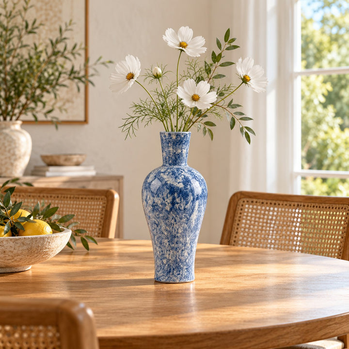 Hand-Painted Porcelain Vase Blue Marbled Decorative Accent 38 cm Unique Artisan Design