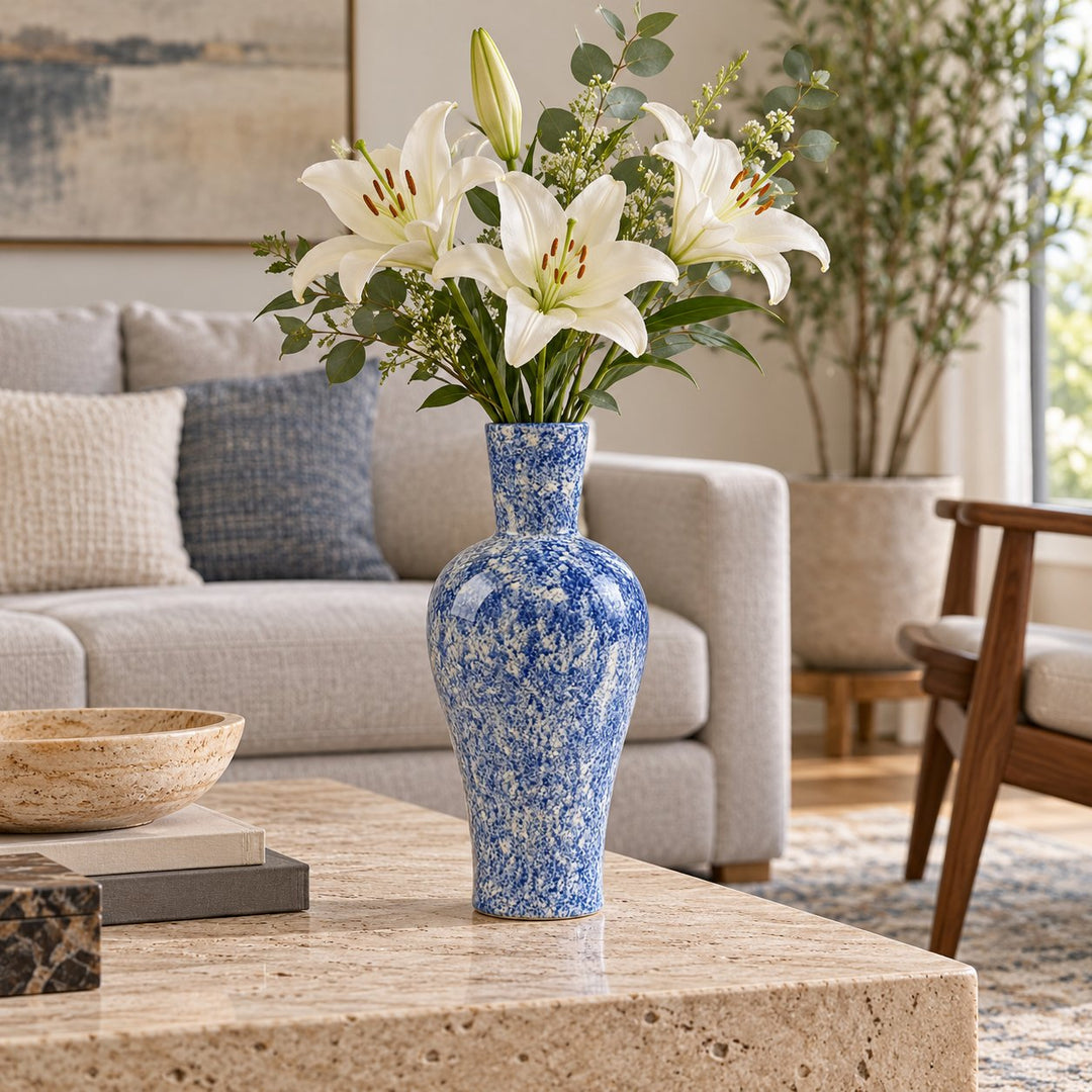 Hand-Painted Porcelain Vase Blue Marbled Decorative Accent 38 cm Unique Artisan Design