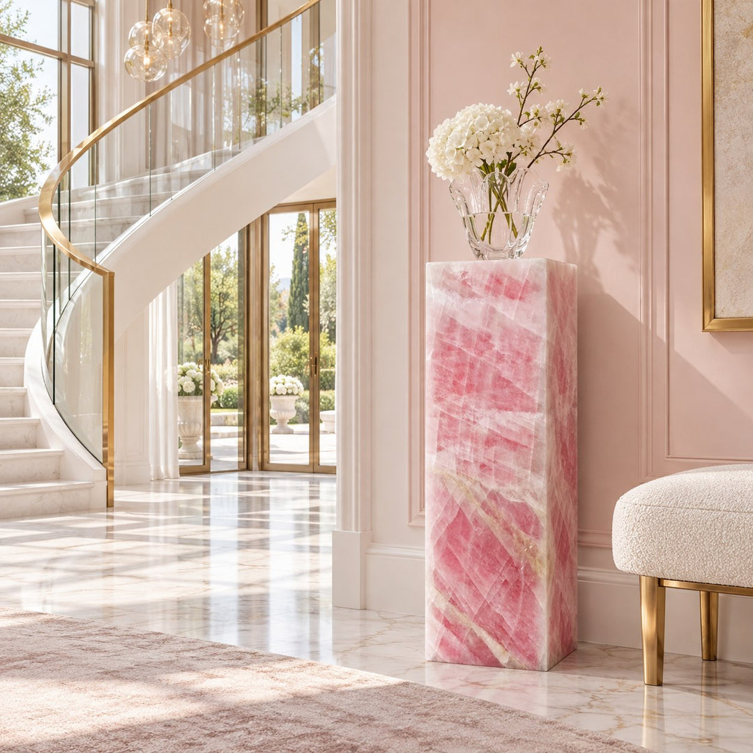 Modern Geometric Rose Quartz Marble Side Table Sculptural Accent for Living Room
