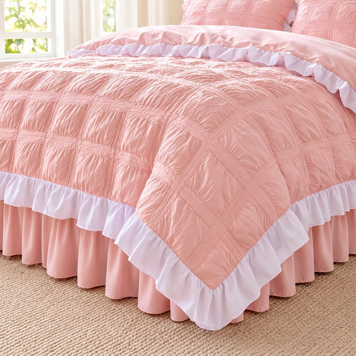 Kawaii Ruffle Bedding Set Soft Polyester Duvet Cover with Bed Skirt and Pillow Cases
