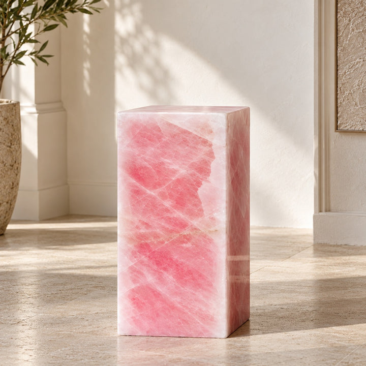 Modern Geometric Rose Quartz Marble Side Table Sculptural Accent for Living Room