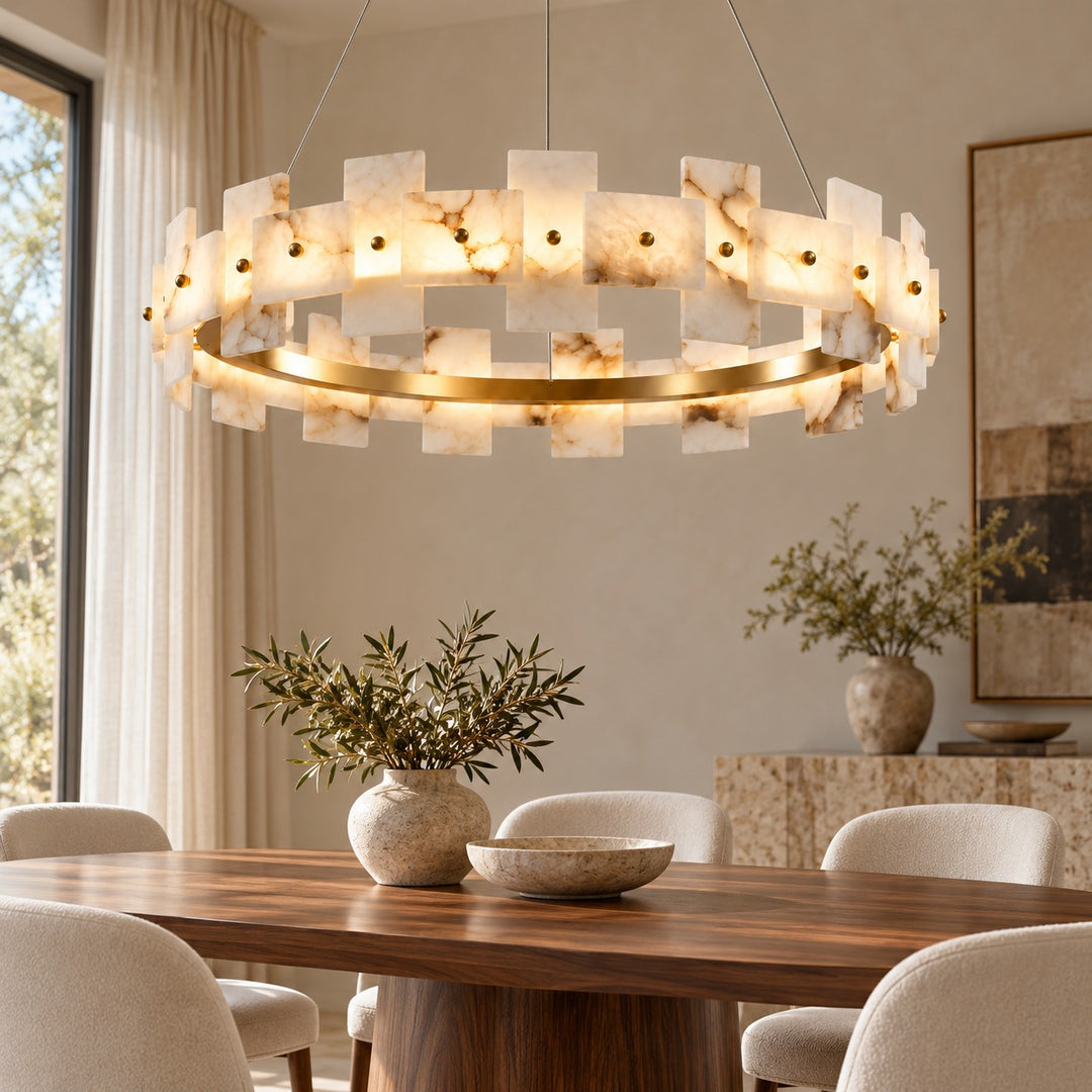 Modern Chandelier Hanging Light with Metal Frame and White Alabaster Panels Integrated LED