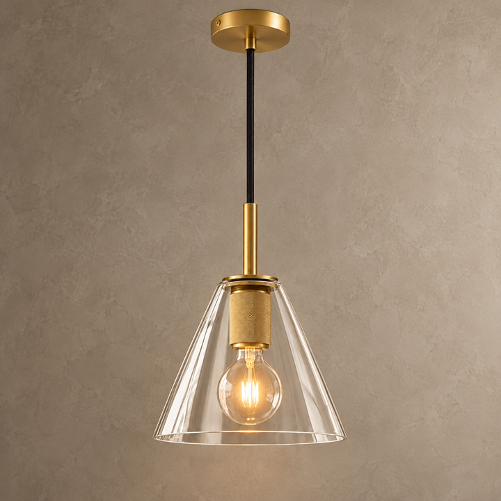 Modern Clear Glass Pendant Light with Natural Brass Finish – E27 Single Pendant