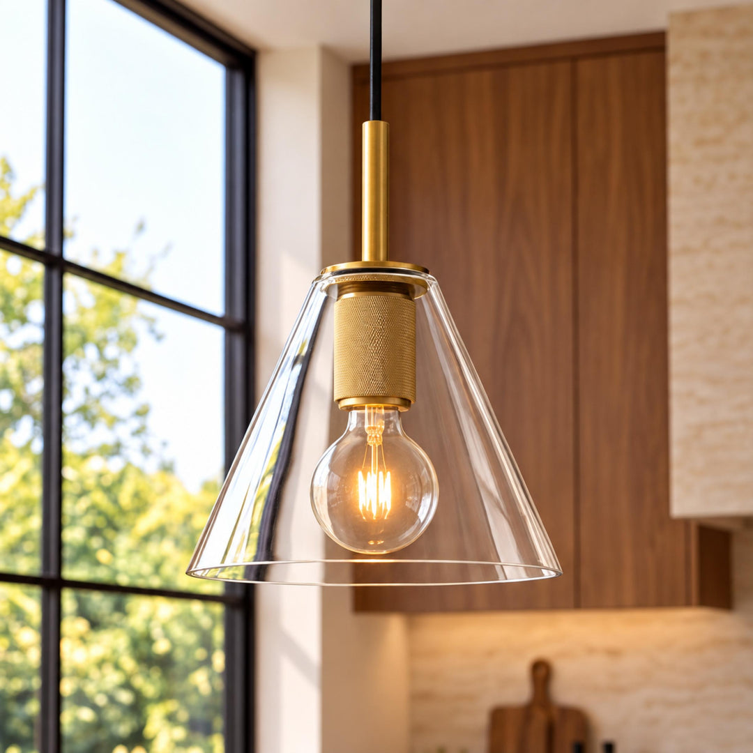Modern Clear Glass Pendant Light with Natural Brass Finish – E27 Single Pendant