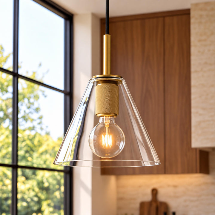 Modern Clear Glass Pendant Light with Natural Brass Finish – E27 Single Pendant