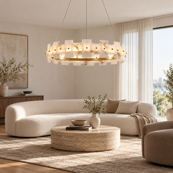 Modern Chandelier Hanging Light with Metal Frame and White Alabaster Panels Integrated LED