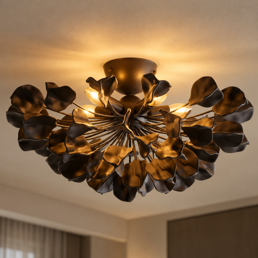 Modern Ceramic Leaf Flush Mount Ceiling Light – Brass & Ivory Botanical Chandelier