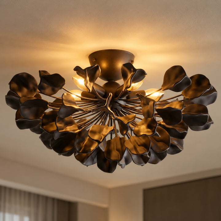 Modern Ceramic Leaf Flush Mount Ceiling Light – Brass & Ivory Botanical Chandelier