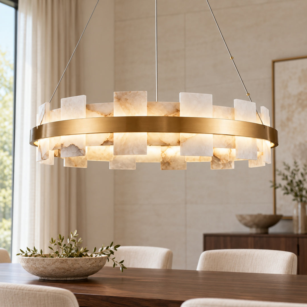Modern Chandelier Hanging Light with Metal Frame and White Alabaster Panels Integrated LED