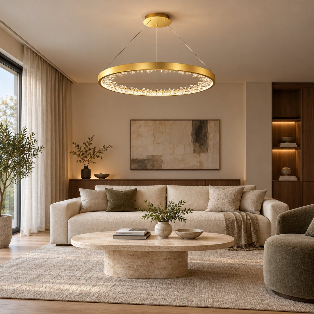 Modern Circle Crystal Chandelier Ceiling Mounted Metal Frame Integrated LED Lighting