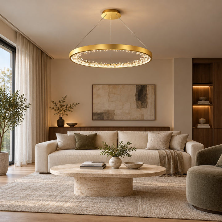Modern Circle Crystal Chandelier Ceiling Mounted Metal Frame Integrated LED Lighting