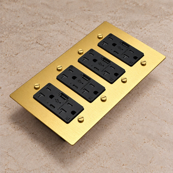 Solid Brass 20A Electrical Outlet with USB-A & USB-C – 1–4 Gang
