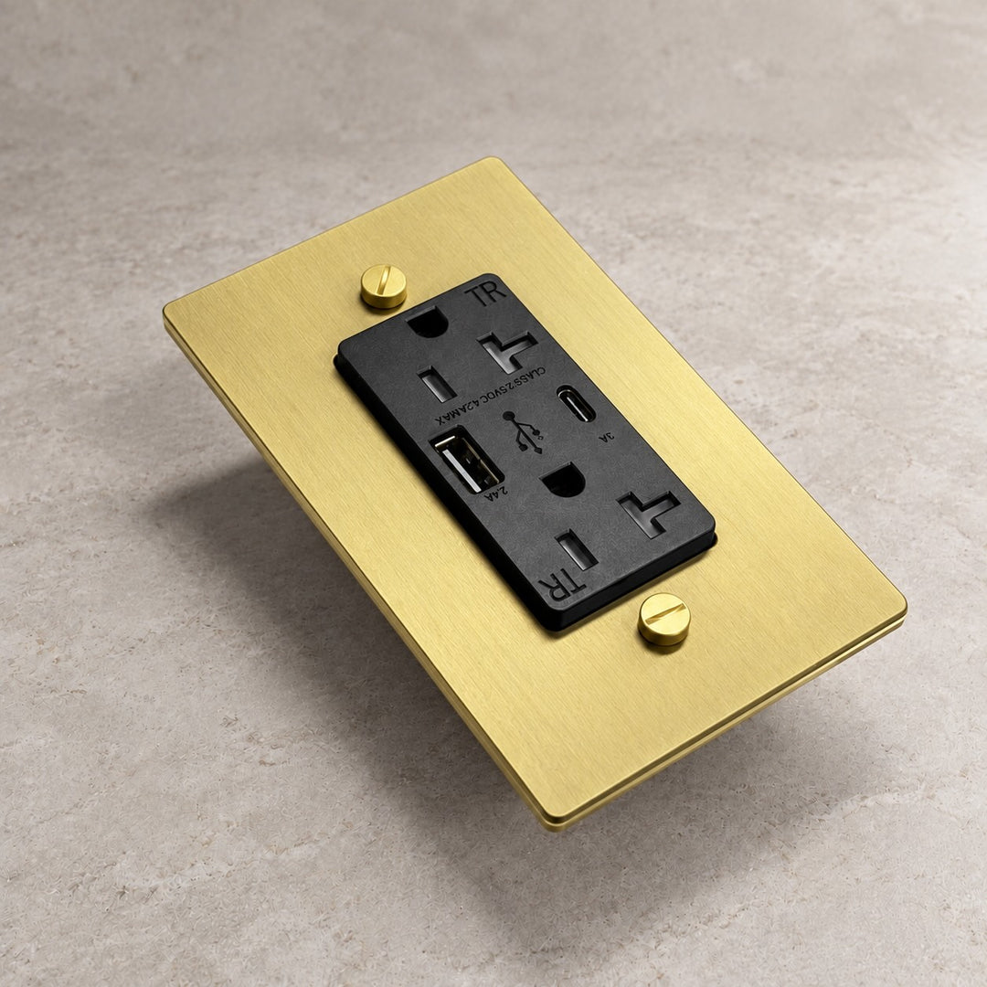 Solid Brass 20A Electrical Outlet with USB-A & USB-C – 1–4 Gang