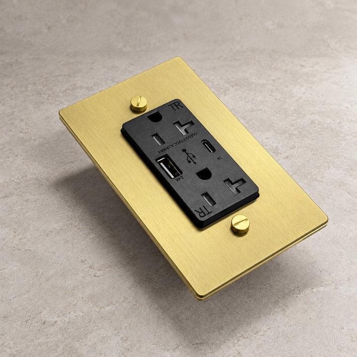 Solid Brass 20A Electrical Outlet with USB-A & USB-C – 1–4 Gang
