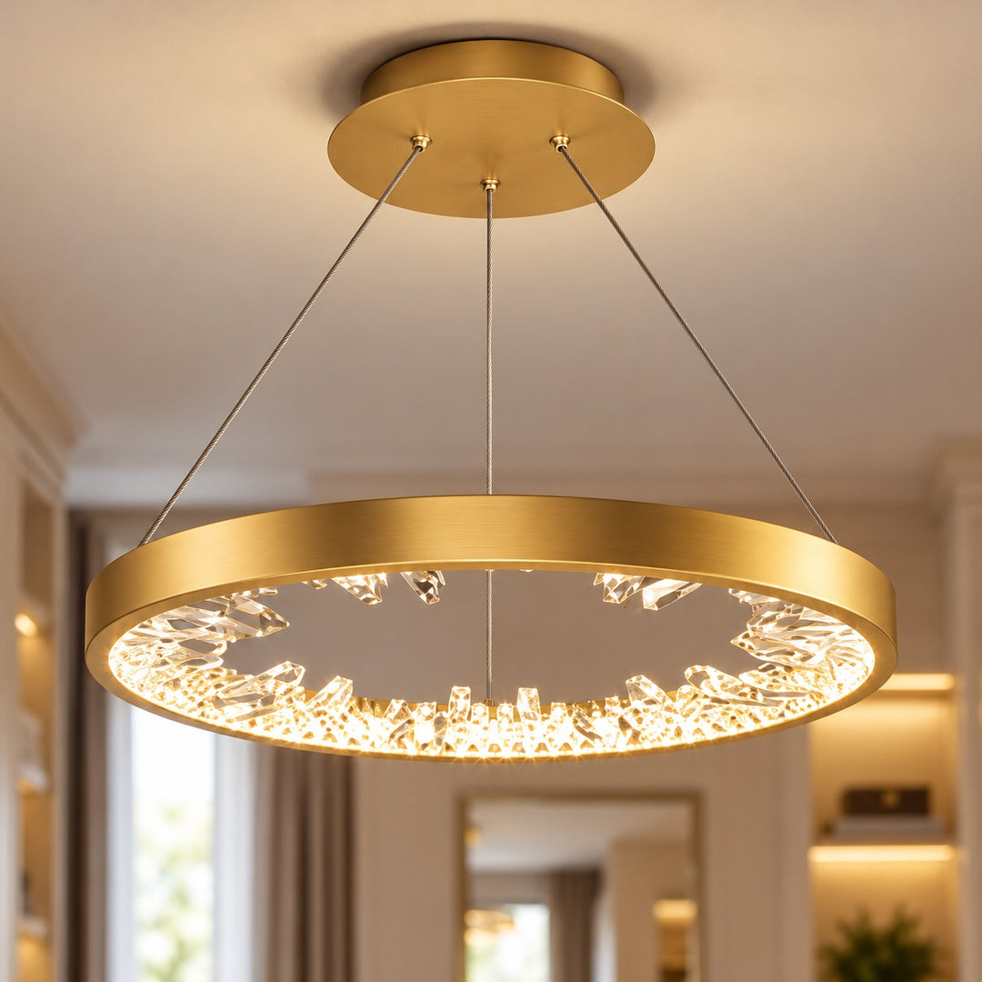 Modern Circle Crystal Chandelier Ceiling Mounted Metal Frame Integrated LED Lighting