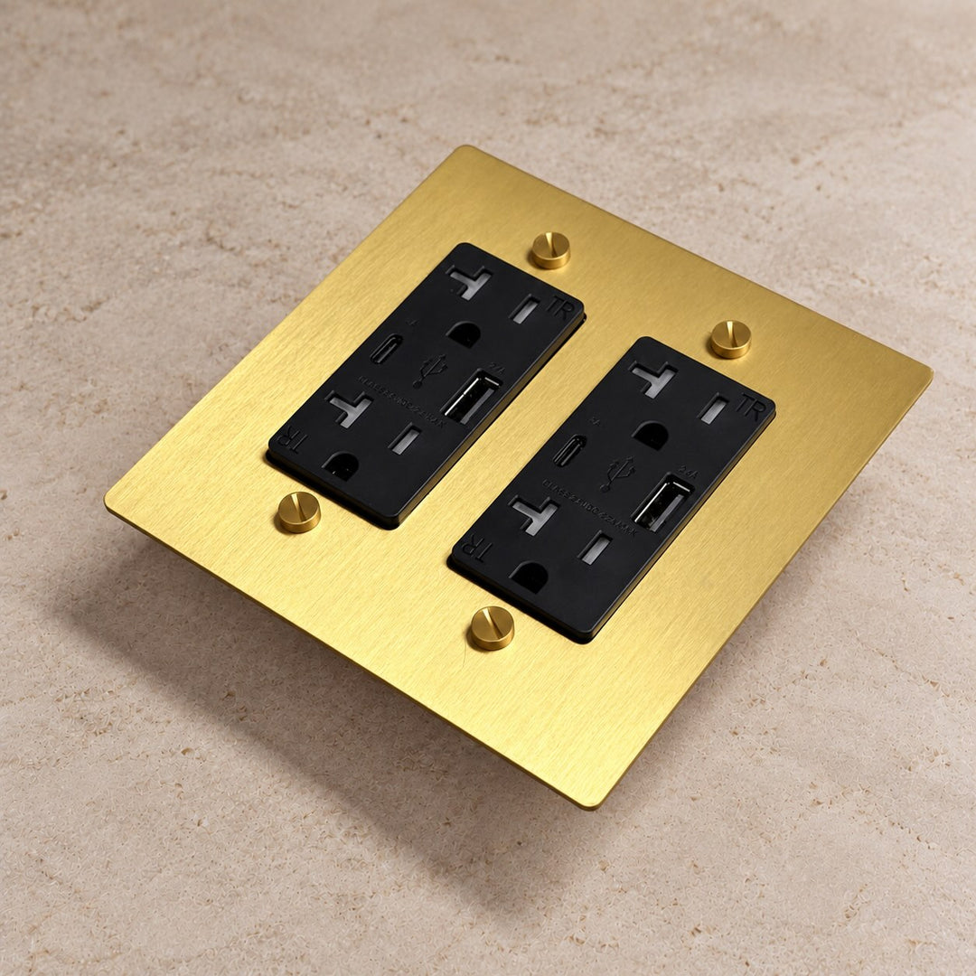 Solid Brass 20A Electrical Outlet with USB-A & USB-C – 1–4 Gang