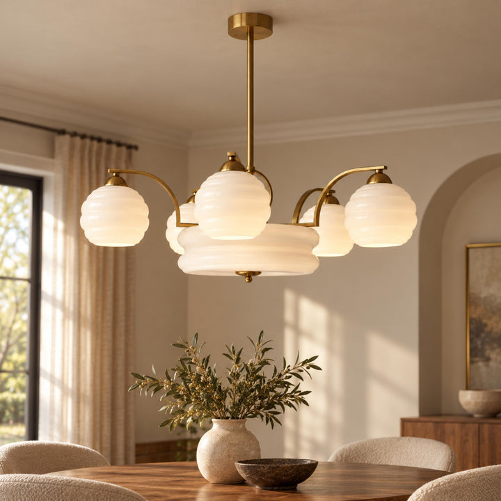 Art Deco Chandelier Ceiling Light Flush Mount Metal Frame Multiple Bulbs Indoor Lighting