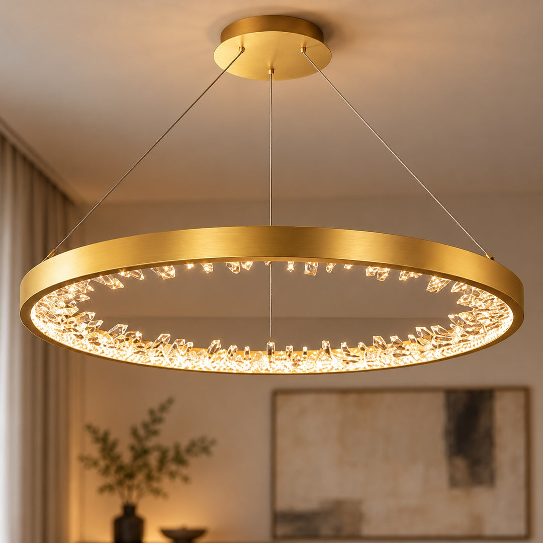 Modern Circle Crystal Chandelier Ceiling Mounted Metal Frame Integrated LED Lighting