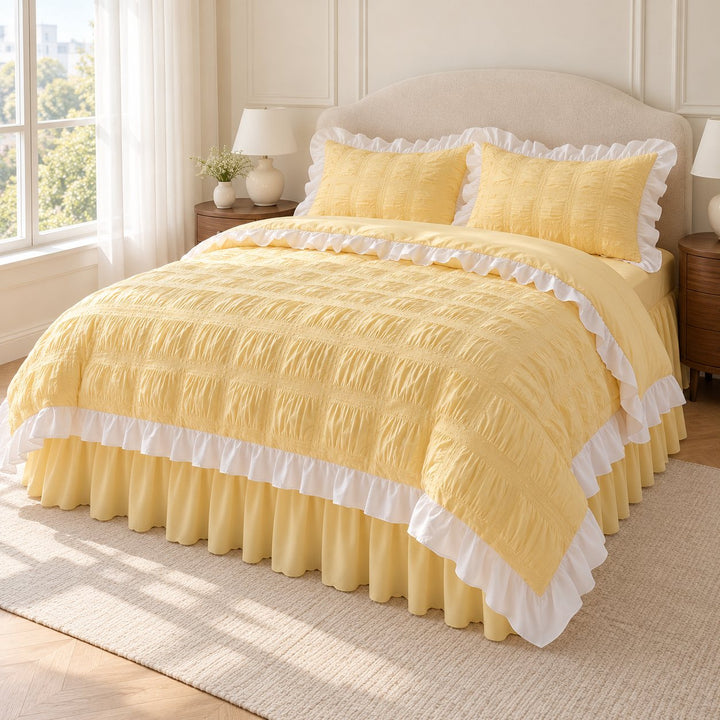 Kawaii Ruffle Bedding Set Soft Polyester Duvet Cover with Bed Skirt and Pillow Cases