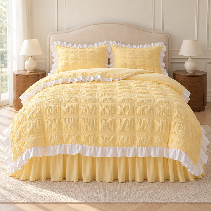 Kawaii Ruffle Bedding Set Soft Polyester Duvet Cover with Bed Skirt and Pillow Cases