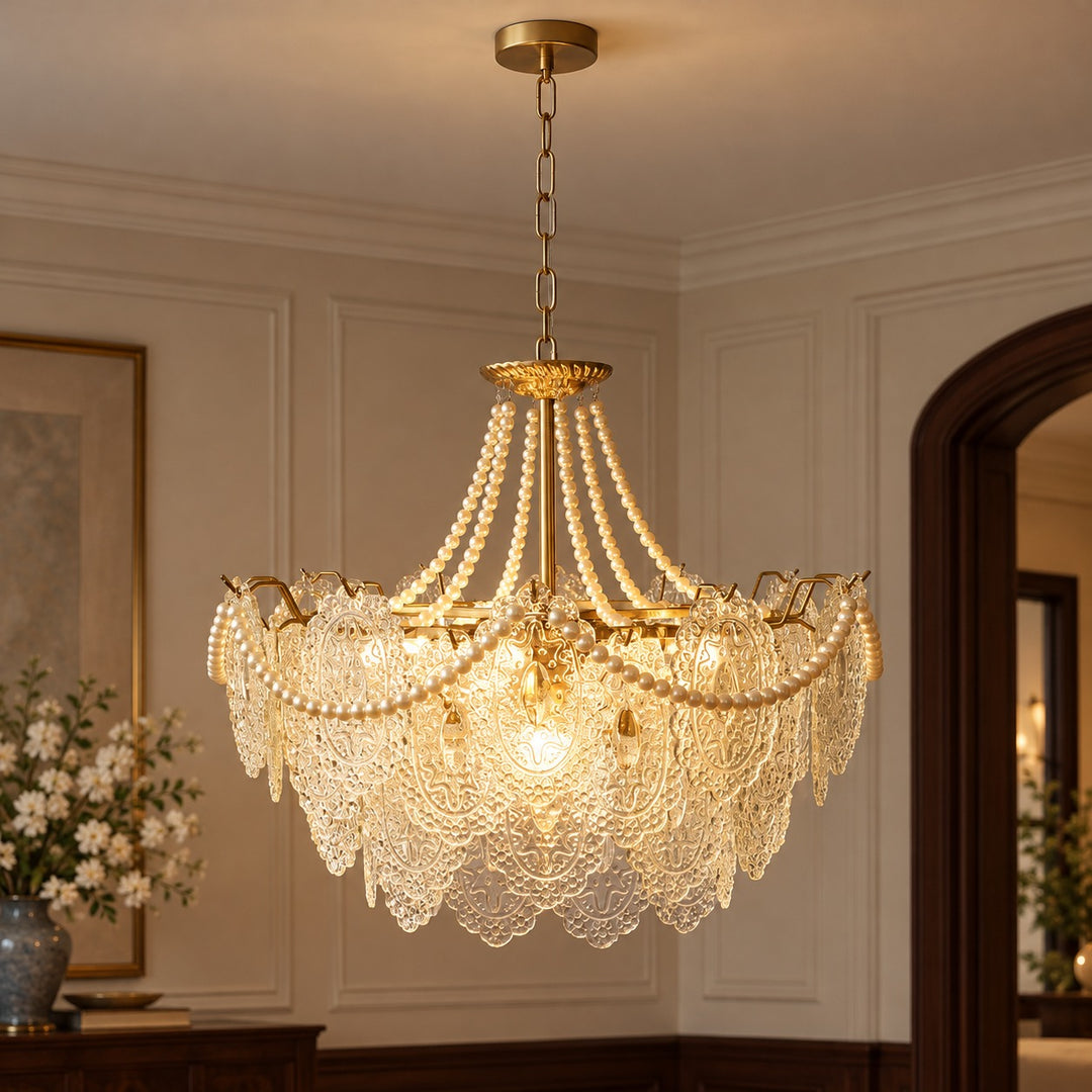 Modern Glass Chandelier Light Pendant Fixture Ceiling Mounted with Pearl Accents for Ambient Illumination