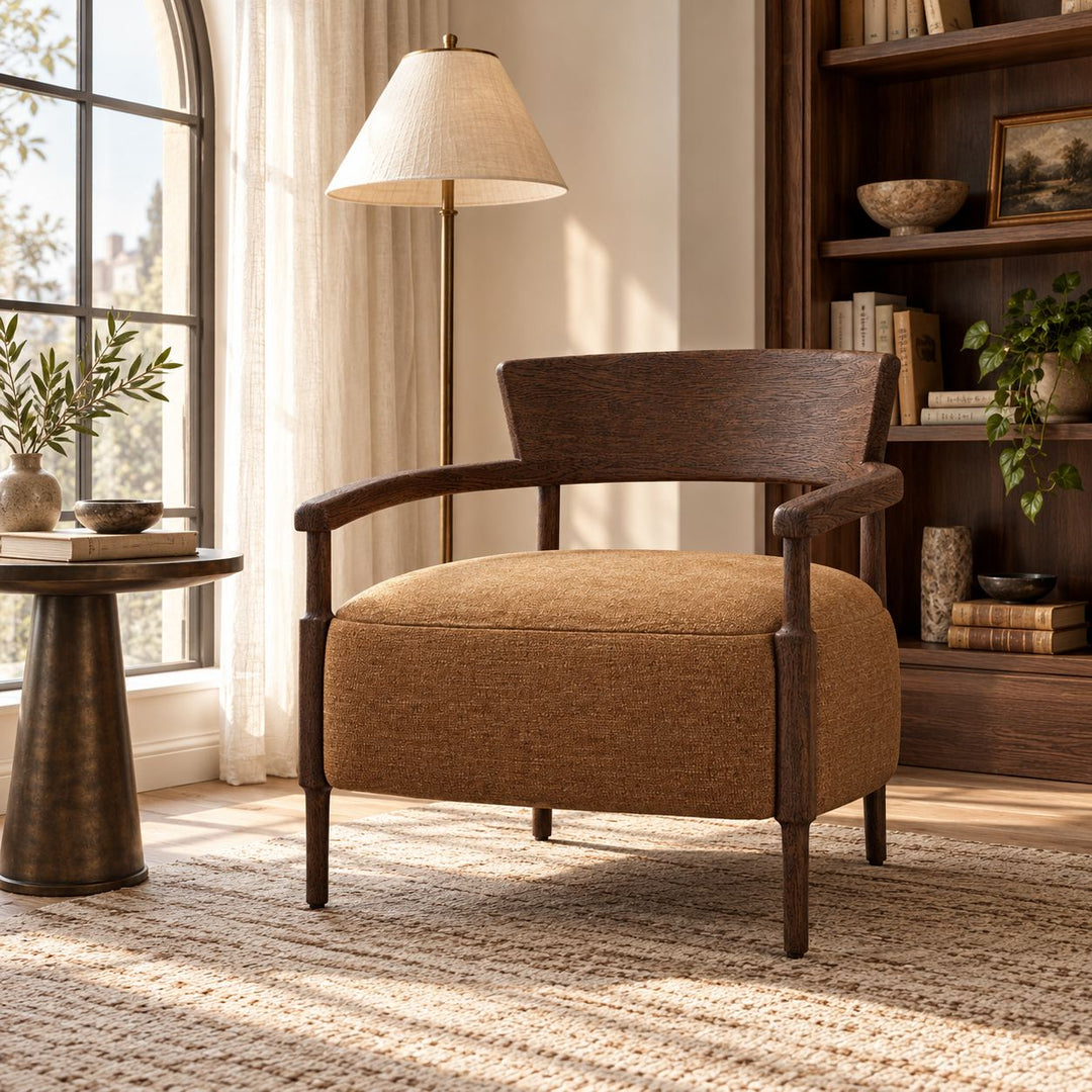 Modern Accent Chair Solid Oak Frame Thick Cushioned Seat Natural Shearling Upholstery