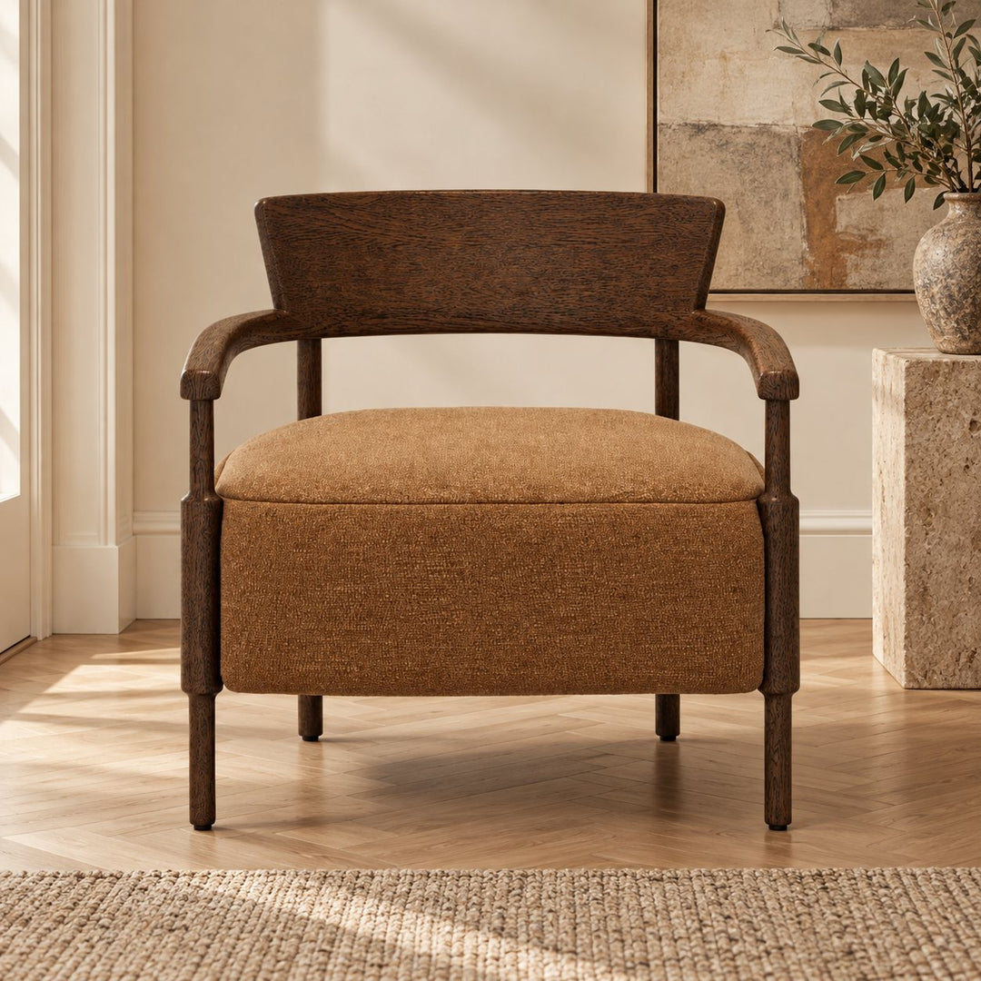 Modern Accent Chair Solid Oak Frame Thick Cushioned Seat Natural Shearling Upholstery