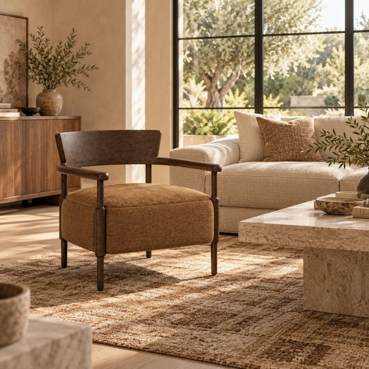Modern Accent Chair Solid Oak Frame Thick Cushioned Seat Natural Shearling Upholstery