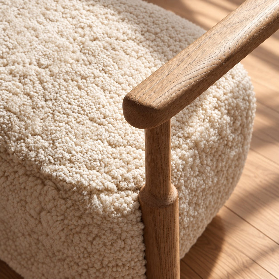 Modern Accent Chair Solid Oak Frame Thick Cushioned Seat Natural Shearling Upholstery