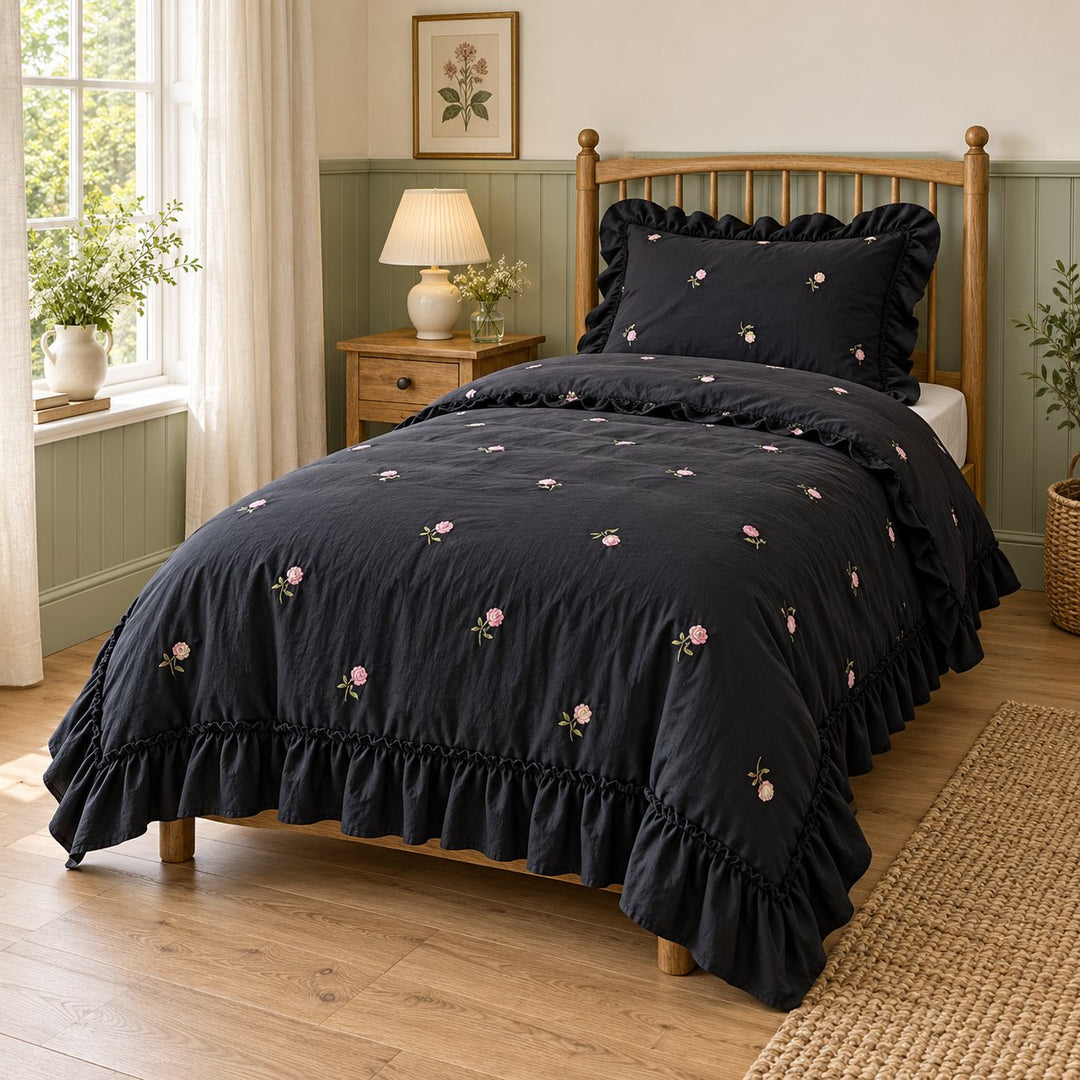 Floral Duvet Cover Set with Ruffled Pillowcases Soft Polyester for Coquette Bedroom Decor