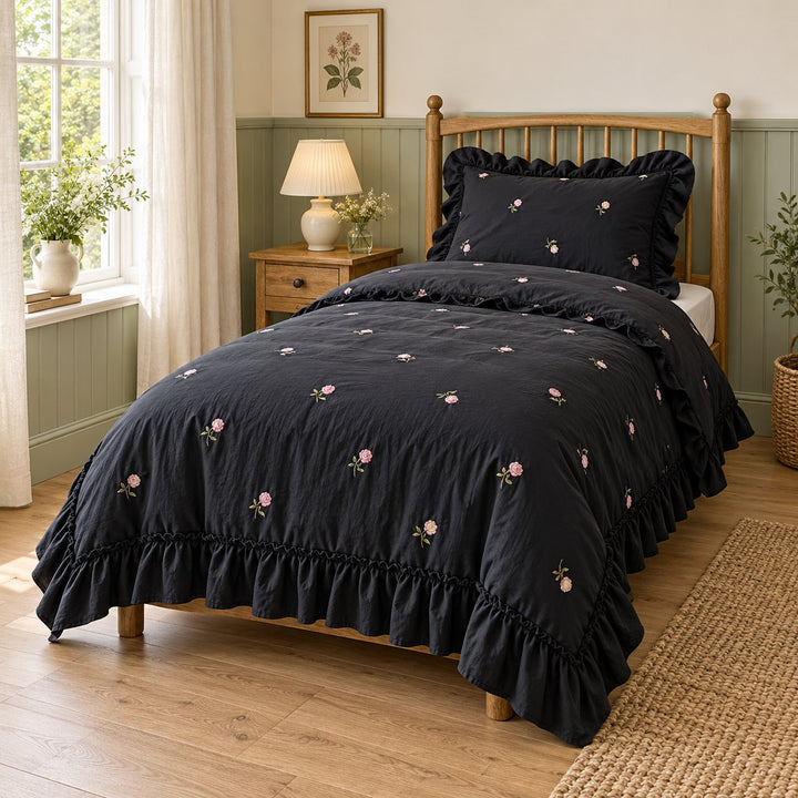 Floral Duvet Cover Set with Ruffled Pillowcases Soft Polyester for Coquette Bedroom Decor