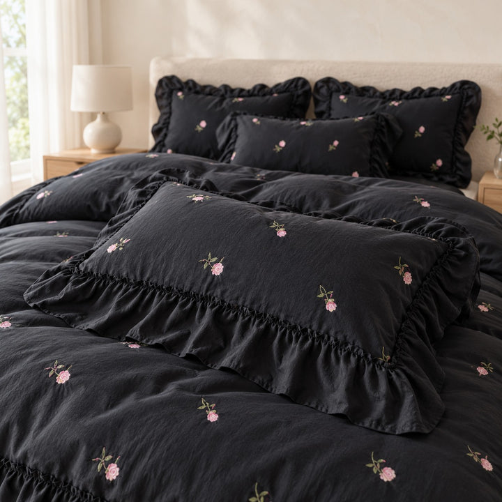 Floral Duvet Cover Set with Ruffled Pillowcases Soft Polyester for Coquette Bedroom Decor