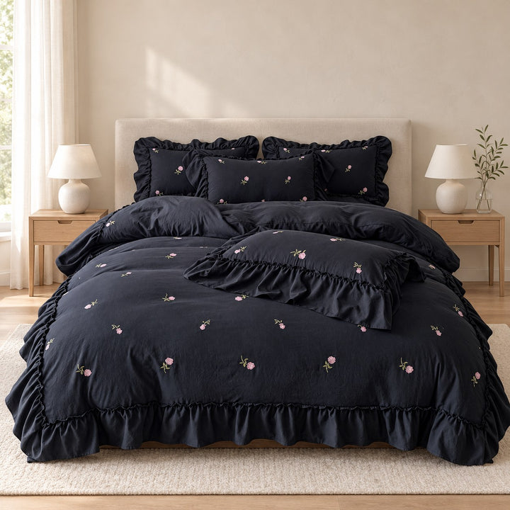 Floral Duvet Cover Set with Ruffled Pillowcases Soft Polyester for Coquette Bedroom Decor