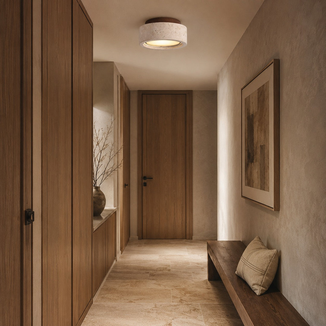 Modern Flush Mount Ceiling Light LED with Yellow Travertine and Wood Accents Dimmable 3-Color