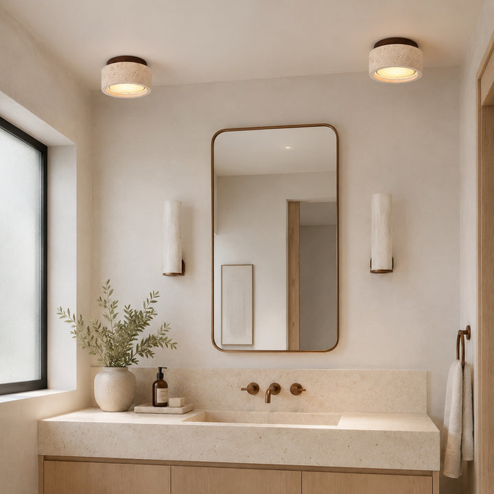 Modern Flush Mount Ceiling Light LED with Yellow Travertine and Wood Accents Dimmable 3-Color