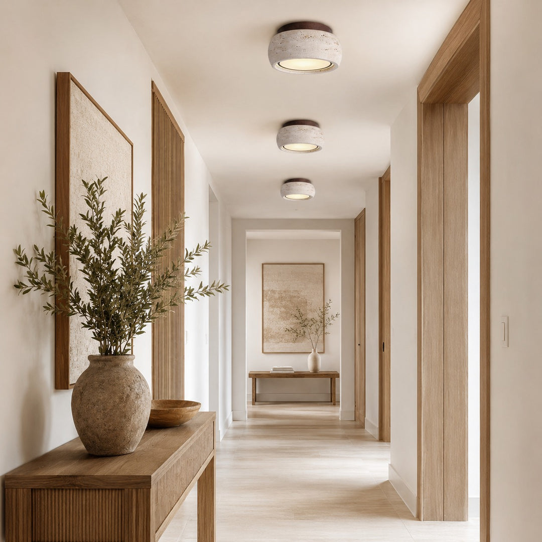 Modern Flush Mount Ceiling Light LED with Yellow Travertine and Wood Accents Dimmable 3-Color