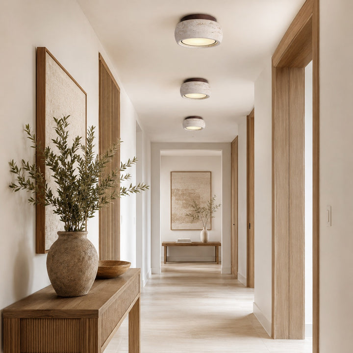 Modern Flush Mount Ceiling Light LED with Yellow Travertine and Wood Accents Dimmable 3-Color