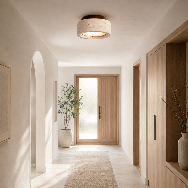 Modern Flush Mount Ceiling Light LED with Yellow Travertine and Wood Accents Dimmable 3-Color