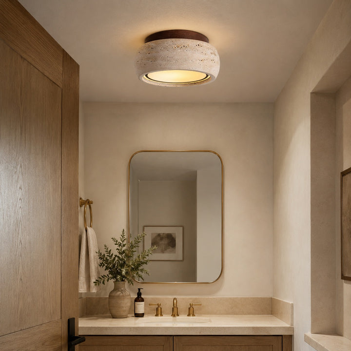 Modern Flush Mount Ceiling Light LED with Yellow Travertine and Wood Accents Dimmable 3-Color