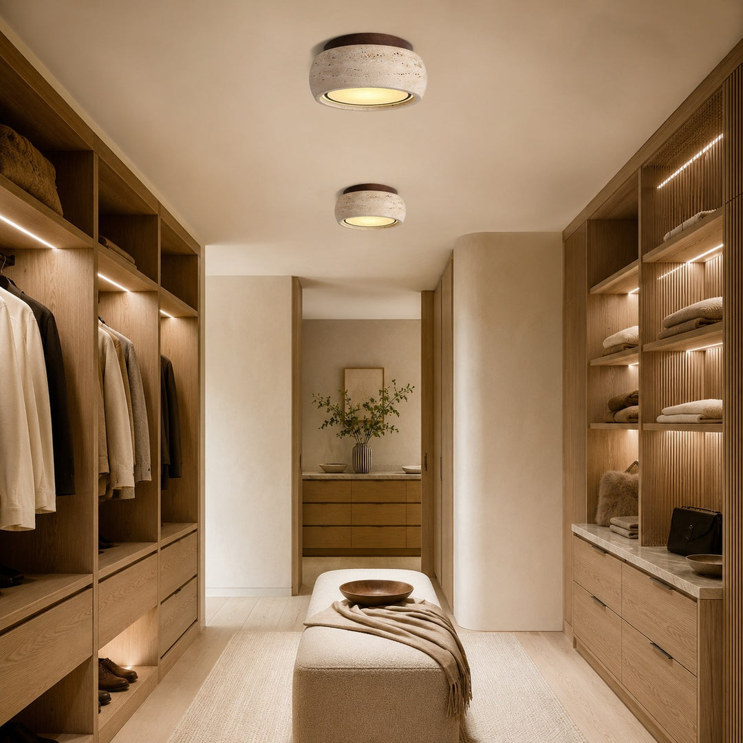 Modern Flush Mount Ceiling Light LED with Yellow Travertine and Wood Accents Dimmable 3-Color