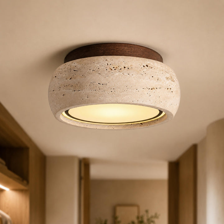 Modern Flush Mount Ceiling Light LED with Yellow Travertine and Wood Accents Dimmable 3-Color